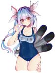  1girl ass_visible_through_thighs blue_hair breasts cowboy_shot flower-shaped_pupils hair_ornament hair_ribbon holding holding_torpedo i-19_(kancolle) kantai_collection large_breasts long_hair looking_at_viewer name_tag one-piece_swimsuit open_mouth r_you_yabai red_eyes ribbon school_swimsuit smile solo swimsuit symbol-shaped_pupils torpedo twintails white_background 