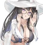  1girl adjusting_eyewear azur_lane bikini black_bikini black_hair breasts brown-framed_eyewear cleavage colored_inner_hair commentary_request cowboy_shot dupleix_(azur_lane) glasses hands_up hat highres jacket jewelry large_breasts leaning_forward long_hair long_sleeves looking_at_viewer multicolored_hair mumei_shumi necklace open_clothes open_jacket parted_lips purple_eyes purple_hair ring see-through_clothes see-through_jacket semi-rimless_eyewear simple_background solo sun_hat swimsuit under-rim_eyewear white_background white_hat 