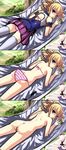  ass back_cutout blonde_hair blue_eyes drill_hair highres koihime_musou looking_back lying nude on_stomach open_mouth panties shin_koihime_musou solo sousou striped underwear underwear_only yagami_(mukage) 
