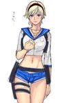  adapted_costume belt blonde_hair blue_eyes blush breasts holster medium_breasts midriff navel resident_evil resident_evil_6 school_uniform serafuku sherry_birkin short_hair short_shorts shorts solo tetsu_(kimuchi) thigh_gap thigh_strap undersized_clothes 