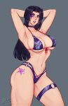  1girl armpits arms_behind_head arms_up artist_name bare_arms bare_shoulders bikini black_choker black_hair blue_eyes breasts butterfly_tattoo choker collarbone commentary earrings english_commentary facial_mark front-tie_bikini_top front-tie_top grey_background highleg highleg_bikini highres hoop_earrings iahfy jewelry large_breasts leg_tattoo long_hair looking_at_viewer marvel marvel_rivals multi-strapped_bikini_bottom navel o-ring o-ring_bikini o-ring_thigh_strap parted_lips psylocke purple_lips simple_background solo stomach swimsuit tattoo thigh_strap thighs 