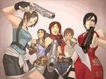  ada_wong black_hair black_lagoon blue_eyes breasts brown_hair claire_redfield earrings gloves gun jewelry jill_valentine lips looking_at_viewer medium_breasts multiple_girls necklace parody pencil_skirt ponytail rebecca_chambers resident_evil resident_evil_0 resident_evil_2 resident_evil_3 resident_evil_4 resident_evil_5 sheva_alomar short_hair skirt sleeveless taro_nuts trigger_discipline uneven_eyes weapon 