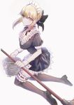  1girl absurdres apron artoria_pendragon_(all) black_dress black_legwear blonde_hair bow bowtie braid bucket dress eyebrows_visible_through_hair fate_(series) frills hair_bow highres holding kujuu_shikuro looking_at_viewer maid maid_apron maid_headdress saber_alter short_sleeves simple_background solo thighhighs white_background wrist_cuffs yellow_eyes 