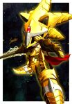  1boy armor black_background border cape excalibur_(sonic) excalibur_sonic gauntlets gold_armor helm helmet highres holding holding_sword holding_weapon male_focus outside_border outstretched_hand red_cape secretter signature solo sonic_(series) sonic_and_the_black_knight sonic_the_hedgehog sword weapon white_border 
