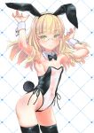  1girl animal_ears aohashi_ame armpits black_bow black_bowtie black_thighhighs blonde_hair blush bow bowtie breasts closed_mouth covered_navel fake_animal_ears fake_tail glasses heart highres leotard long_hair looking_at_viewer perrine_h._clostermann playboy_bunny rabbit_ears rabbit_tail revision simple_background small_breasts smile solo strike_witches tail thighhighs world_witches_series yellow_eyes 
