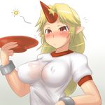 aaaa alcohol blonde_hair blush breasts covered_nipples cuffs cup drunk highres horn hoshiguma_yuugi impossible_clothes impossible_shirt large_breasts long_hair pointy_ears red_eyes sakazuki sake see-through shackles shirt solo touhou wet wet_clothes wet_shirt 