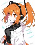  1girl a.i._voice absurdres adachi_rei belt black_shirt breasts closed_mouth commentary_request crossed_bangs expressionless gloves hair_between_eyes hair_ornament hair_ribbon hairclip headlamp headset highres jacket large_breasts long_sleeves looking_ahead medium_hair mk2s_re open_clothes open_jacket orange_belt orange_eyes orange_hair ponytail radio_antenna ribbon shirt sidelocks signature simple_background solo turtleneck turtleneck_shirt upper_body utau white_background white_gloves white_jacket white_ribbon 