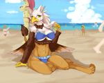  avian beach bikini blue breasts bulge claws cleavage clothed clothing dickgirl female granoa gryphon ice_cream intersex looking_at_viewer midriff open_mouth outside public sand sand_castle sculpture sea seaside shioinu sitting skimpy sky sweat swimsuit tight_clothing tongue water wings 