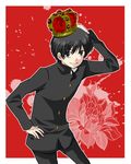  black_hair crown gakuran kyou_kara_maou! male_focus school_uniform shibuya_yuuri smile solo 