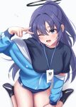  1girl absurdres black_halo black_shirt blue_archive blue_buruma blue_eyes blue_hair blue_jacket blush breasts buruma commentary gym_shirt hair_intakes hair_ornament half_updo halo hand_up highres jacket lanyard long_hair mechanical_halo medium_breasts miyuki_kotori official_alternate_costume official_alternate_hairstyle one_eye_closed open_mouth partially_unzipped red_pupils shirt simple_background smile solo star_sticker thighs triangle_hair_ornament two_side_up v white_background yuuka_(blue_archive) yuuka_(track)_(blue_archive) 