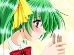  1girl blush green_hair hair_ribbon long_hair ribbon tottemo_pheromone twintails wakabayashi_ayumi 