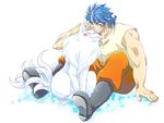  anthro blue blue_hair canine cloth duo fur hair human male mammal terry terry_cloth toriko white white_fur wolf 