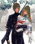  2boys ascot bisected black_gloves black_jacket black_pants black_shirt bleeding blonde_hair blood blood_from_mouth blood_on_clothes blood_on_face carrying carrying_person chinese_commentary closed_eyes closed_mouth commentary_request corpse cowboy_shot daybit_sem_void death dismemberment fate/grand_order fate_(series) gloves gun hair_between_eyes highres holding holding_gun holding_weapon jacket kirschtaria_wodime leaf letterboxed long_hair long_sleeves looking_at_viewer male_focus mikomi_(shirayuki5565) multiple_boys outside_border pants parted_bangs parted_lips purple_eyes serious shirt short_hair straight-on torn_clothes torn_gloves transverse_plane_cutting weapon white_ascot white_jacket white_shirt 