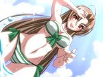  bachou bikini blush breasts brown_hair koihime_musou long_hair medium_breasts open_mouth red_eyes shin_koihime_musou solo striped swimsuit very_long_hair yagami_(mukage) 