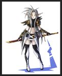  grey_hair hushabye long_hair looking_at_viewer midriff navel original pointy_ears simple_background smile solo sword thighhighs very_long_hair weapon white_background yellow_eyes 