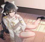  1girl absurdres animal_ears azur_lane bangs black_footwear black_hair blush bow breasts brown_eyes commentary_request day eyebrows_visible_through_hair gloves hair_bow hair_flaps hand_up henz_(86551650) highres indoors large_breasts long_hair looking_at_viewer military military_uniform miniskirt no_legwear pleated_skirt ponytail ribbon shoes skirt solo takao_(azur_lane) thighs uniform very_long_hair white_bow 