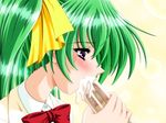  1girl blush cum cum_in_mouth green_hair hair_ribbon long_hair oral ribbon tottemo_pheromone twintails wakabayashi_ayumi 