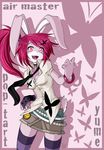  air_guitar animal_ears breasts bug bunny_ears butterfly copyright_request hushabye insect long_hair looking_at_viewer medium_breasts open_mouth smile solo striped striped_legwear thighhighs 