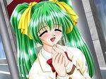  1girl blush eyes_closed green_hair hair_ribbon happy jewelry long_hair ribbon ring tottemo_pheromone twintails wakabayashi_ayumi 