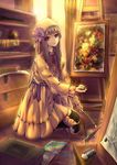  absurdres art_brush black_hair black_legwear curtains dress easel eraser hat highres holding hourai_no_hangentsuki kneeling long_hair looking_at_viewer original paintbrush painting purple_eyes solo sunlight thighhighs thumbtack 