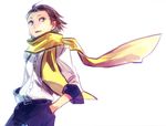  black_hair blue_eyes male_focus mochizuki_ryouji persona persona_3 scarf shion_(kizuro) simple_background smile solo suspenders yellow_scarf 