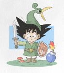 avian beak black_hair bomb boots clothing cosplay crossover crossover_cosplay dragon_ball duo explosives ezlo fire footwear fungus goku grass hair hat headgear headwear hi_res human hylian_shield male mammal melee_weapon minish_cap mushroom nintendo plant shield shirt shoes smile smiling_at_viewer sword the_legend_of_zelda toon_link topwear tunic weapon wesatinthecar wind_waker