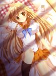  arm_up bad_id bad_pixiv_id bed black_legwear blush braid breasts brown_hair collarbone culture_japan digital_media_player exe_(xe) hair_ornament impossible_clothes impossible_shirt ipod leg_up legs_up looking_at_viewer lying medium_breasts on_back orange_eyes orange_hair pillow school_uniform shirt single_sock skirt socks solo suenaga_mirai twin_braids 