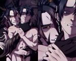 black_hair black_sclera blood bodily_fluids demireality duo glowing glowing_eyes gradient_hair hair hi_res horn human humanoid humanoid_pointy_ears male mammal neck_grab nude pale_skin pointy_ears red_hair scar sharp_teeth tan_body tan_skin teeth white_eyes wounded yellow_eyes
