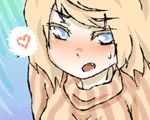 :o bad_anatomy blonde_hair blue_eyes blush face fang heart minimilk original ribbed_sweater sexually_suggestive sweat sweater 