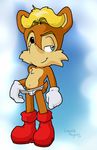  antoine_d&#039;coolette antoine_d'coolette blonde_hair blue_eyes boots bulge canine chest_tuft clothed clothing coyote emerald-physics fur gloves hair half-dressed male mammal seduction sega smile sonic_(series) topless tuft underwear undressing 