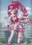  boots bow choker cure_blossom eichikei_(hakuto) giantess hanasaki_tsubomi heartcatch_precure! highres knee_boots long_hair open_mouth panties pink_bow pink_choker ponytail precure solo tree underwear white_panties 