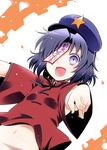  armpit_peek armpits fang hat jiangshi kiku_hitomoji looking_at_viewer miyako_yoshika navel ofuda open_mouth outstretched_arms purple_eyes purple_hair short_hair solo touhou zombie_pose 