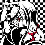  animal_ears breasts bunny_ears checkered checkered_background long_hair medium_breasts monochrome necktie nude red_eyes reisen_udongein_inaba smile solo sonson_(eleven) touhou 