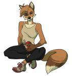  2018 5_fingers alpha_channel anthro black_nose canid canine clothed clothing dessert digital_media_(artwork) dipstick_tail female food footwear fox fur gloves_(marking) hi_res ice_cream mammal markings multicolored_tail muttonchomp open_mouth orange_fur pants shirt simple_background smile sneakers solo spoon tank_top teeth transparent_background white_fur 