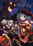  breasts cleavage green_eyes green_hair halloween hat highres jack-o'-lantern long_hair medium_breasts multiple_girls original short_hair silver_hair thighhighs twintails yellow_eyes yuzu_modoki 