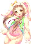  :d animal_costume blush brown_hair cosplay ichihara_nina idolmaster idolmaster_cinderella_girls kigurumi long_hair looking_at_viewer mitsumomo_mamu open_mouth ribbon sheep_costume smile solo white_background yellow_eyes 