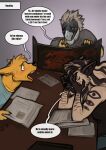 accipitrid accipitriform anthro avian bird blush canid canine dice dungeons_and_dragons eagle english_text facepalm female fox group hasbro hi_res hyena male mammal pencil philippine_eagle pirate_eagle roleplay stuttering text torakuta torakuta_(character) trio wizards_of_the_coast