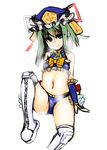  adapted_costume bare_shoulders bikini boots borrowed_design gloves green_eyes green_hair hat mabuchoco_m ribbon shiki_eiki short_hair sitting sketch smile solo swimsuit touhou wrestling_outfit 