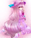  bow dress hair_bow highres kneeling long_hair looking_back open_mouth patchouli_knowledge purple_eyes purple_hair rarorimiore ribbon solo touhou very_long_hair 