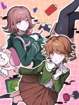  1boy 1girl :o black_ribbon blush breasts brown_background brown_hair brown_skirt danganronpa:_trigger_happy_havoc danganronpa_(series) danganronpa_2:_goodbye_despair dress_shirt flipped_hair fujisaki_chihiro fuku_sa green_jacket highres jacket large_breasts medium_hair miniskirt nanami_chiaki neck_ribbon open_clothes open_jacket pink_background pink_eyes pleated_skirt ribbon shirt skirt smile tetris two-tone_shirt usami_(danganronpa) white_shirt 