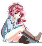  blush boots bow eating fang food gen_(black_factory) grin hair_bow hood hoodie long_hair long_ponytail mahou_shoujo_madoka_magica pocky ponytail red_eyes red_hair sakura_kyouko shorts sitting smile solo zipper 