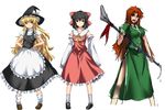  apron black_hair blonde_hair bow braid breasts detached_sleeves frilled_apron frilled_skirt frills hair_bow hair_tubes hakurei_reimu hands_on_hips highres hong_meiling kirisame_marisa large_breasts long_hair multiple_girls no_hat no_headwear open_mouth polearm red_eyes short_hair side_slit simple_background single_braid skirt smile touhou very_long_hair weapon white_background yagami_(mukage) 