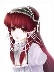  bad_id bad_pixiv_id bow dress frills gothic_lolita hair_ribbon hairband lolita_fashion lolita_hairband long_hair persona persona_3 red_hair ribbon shino_haruto simple_background solo yoshino_chidori 