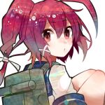  1girl back backpack bag blouse hair_ornament hair_ribbon i-168_(kancolle) itomugi-kun kantai_collection long_hair looking_back open_mouth ponytail red_eyes red_hair ribbon school_swimsuit school_uniform serafuku shirt solo swimsuit swimsuit_under_clothes 