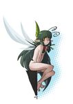  antennae barefoot blush fairy_wings green_hair hushabye long_hair looking_at_viewer nude original pointy_ears red_eyes simple_background sitting solo very_long_hair white_background wings 