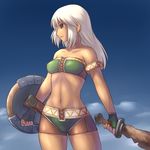  aaaa armband blue_background brown_eyes day fingerless_gloves gloves highres light_smile long_hair looking_at_viewer midriff monster_hunter navel profile shield short_shorts shorts sky solo strapless sword tan tubetop weapon white_hair 