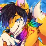  anthro blue_eyes canine claws cute dagger_leonelli fox foxarvid hair horny icon looking_at_viewer male mammal rainbow_scarf scarf smile solo submissive syberfoxen tattoo two_tone_hair 
