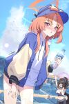  1girl 2girls absurdres bandaid bandaid_on_face bandaid_on_nose bandaid_on_thigh baseball_cap black_hair black_pants blue_archive blue_hat blue_jacket breasts day eyewear_on_headwear halo hat highres hood hoodie jacket kurochomo long_hair long_sleeves multiple_girls navel open_clothes orange_hair orange_halo outdoors pants ponytail purple_eyes rei_(blue_archive) sports_bra stadium sumire_(blue_archive) sunglasses white_hoodie yoga_pants 