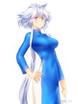  breasts cowboy_shot hand_on_hip heterochromia large_breasts lavolpe_(yagisaka_seto) original ponytail side_slit sidelocks simple_background solo vietnamese_dress white_hair yagisaka_seto 