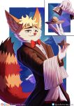 belt big_ears bow_tie burger butler cachuchas_the_fennec_(cachuchas) canid canine clothing comic_panel dress fennec_fox fluffy fluffy_tail food fox fruit fur gloves green_eyes hair handwear hankerchief hi_res holding_food holding_object krabby_patty lettuce male mammal metal orange_body orange_fur plant raised_tail red_nose serving_tray simple_background smile smirk suit suit_jacket tail tomato true_fox vegetable white_body white_fur